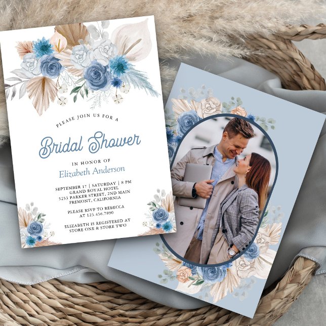 Convites Poeira Azul Floral Boho Pampas Foto Chuveiro de No (Criador carregado)