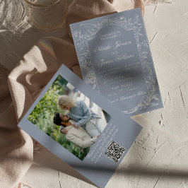 Convites Poeira Azul Floral Chique Código QR Foto Casamento