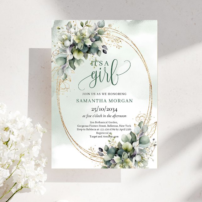Convites Poeira Boho Verde Eucalipto É Uma Menina (Boho Dusty Green Eucalyptus Leaves Style It’s A Girl Invite)