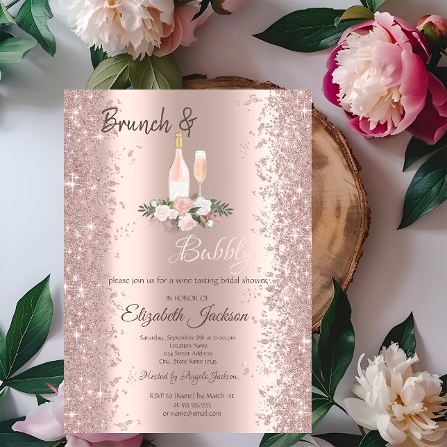 Convites Poeira de Brilho Dourado Rosa Brunch Rosas Chá de  (Criador carregado)