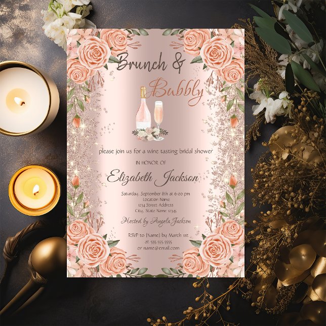 Convites Poeira de Brilho Dourado Rosa Brunch Rosas Chá de  (Criador carregado)