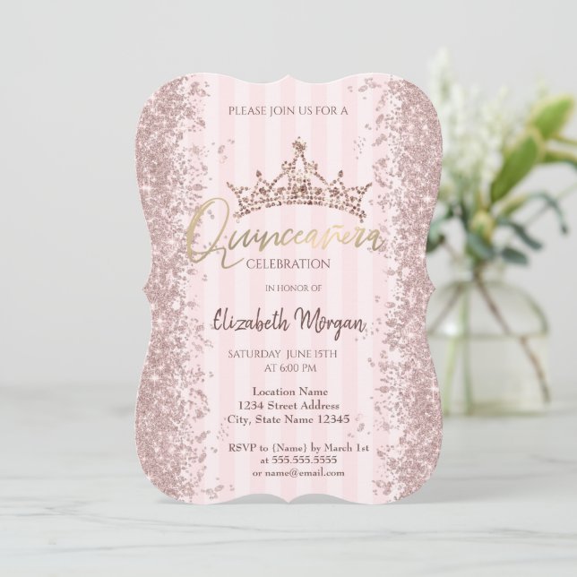 Convites Poeira de Brilho Dourado Rosa Coroa Listras Rosa (Em pé/Frente)