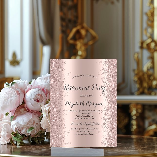 Convites Poeira de Glitter Rosa Dourado Elegante Aposentado (Criador carregado)