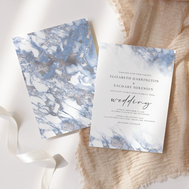 Convites Poeira de Mármore Azul Chic Casamento Prata (Criador carregado)