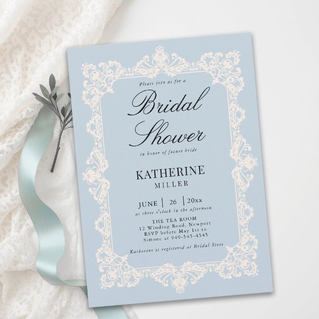 Convites Poeira de Renda Azul Creme Clássico Moderno Chá de (lace bridal shower theme modern classic invitation something blue elegant brunch tea template)