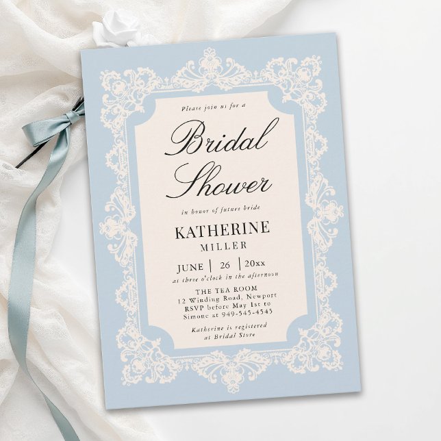 Convites Poeira de Renda Azul Quadro Moderno Clássico Chá d (lace bridal shower ideas modern classic invitation something blue elegant brunch tea template)
