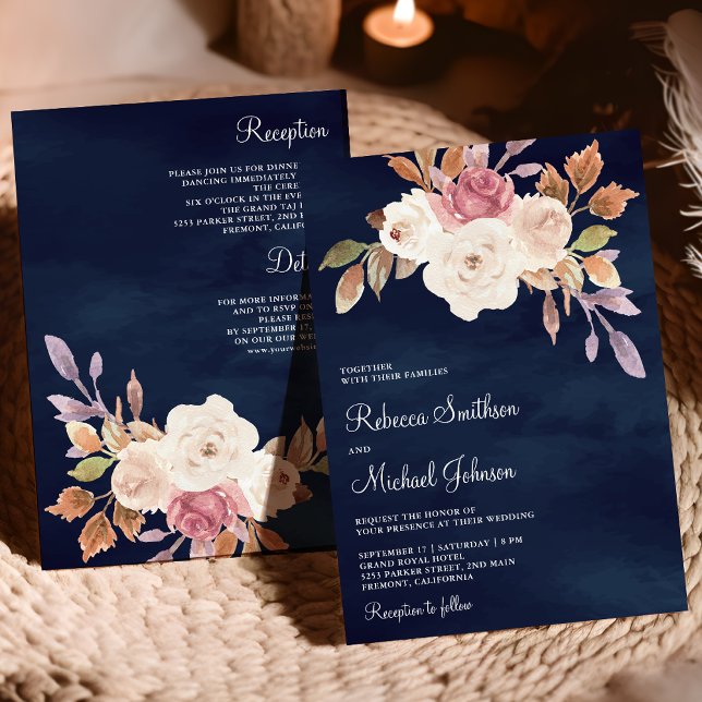 Convites Poeira de Rosa Marfim Floral Combinado em Azul Mar (Criador carregado)