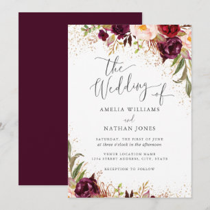 Convites Poeira Dourada Casamento Floral Outono Borgonha