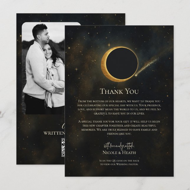 Convites Poeira Estelar Dourada Eclipse Celestial Obrigado (Frente/Verso)