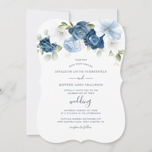 Convites Poeira Floral Azul Botânico Casamento Moderno (Frente)