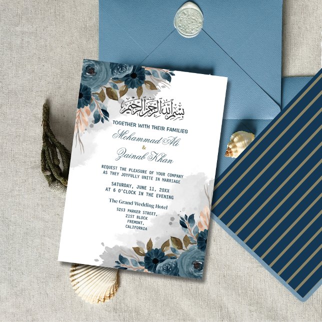 Convites Poeira Floral Azul Walima Casamento Islâmico (Criador carregado)