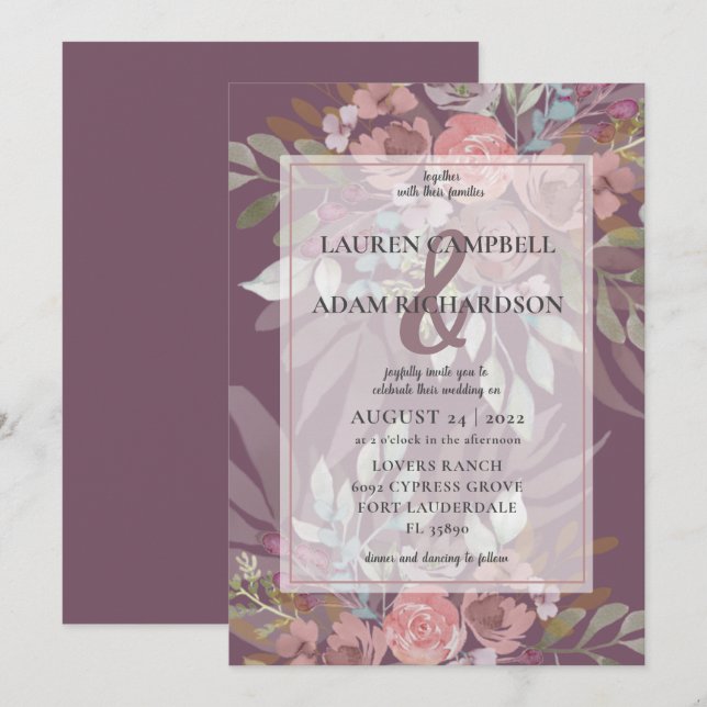 Convites Poeira Floral Casamento Burgundy E comercial (Frente/Verso)