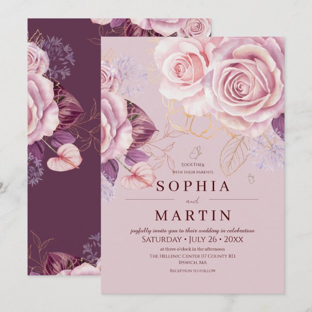 Convites Poeira Floral Rosa Boho Casamento  (Frente/Verso)