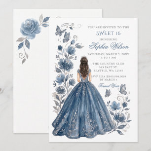 Convites Poeira Prateada Azul Floral Princesa Sweet 16
