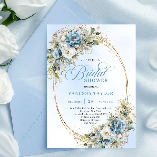 Convites Poeira Romântica Azul Floral Eucalipto Chá de Noiv (Romantic Dusty Blue Floral Eucalyptus Bridal Shower Invite)