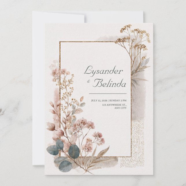 Convites Poeira Rosa Dourado Folha de Eucalipto Casamento (Frente)