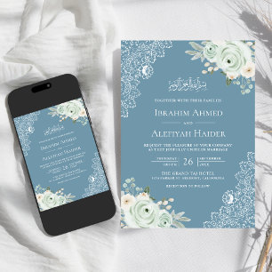Convites Poeirento Azul Sage Verde Floral Renda Casamento M