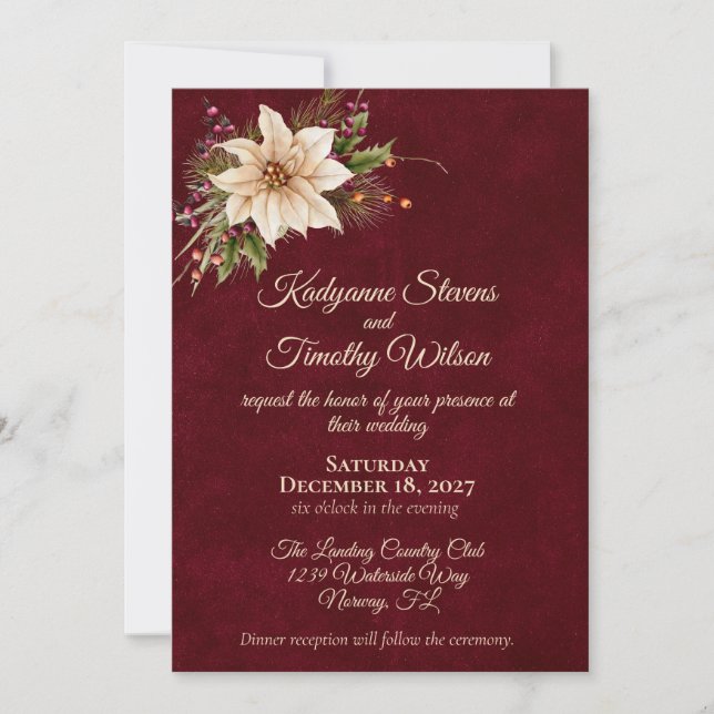 Convites Poinsettia & Berries Casamento Elegante (Frente)
