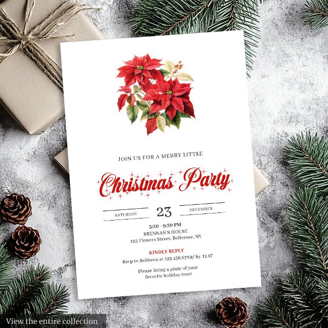 Convites Poinsettia Botânica Simples Vermelha de Natal  (Simple Red Poinsettia Botanical Holiday Christmas Invitation)