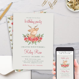 Convites Poinsettia Deer Aniversário do Natal Vermelho e Ve
