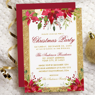 Convites Poinsettia Floral Dourada Glitter Festa de Natal V