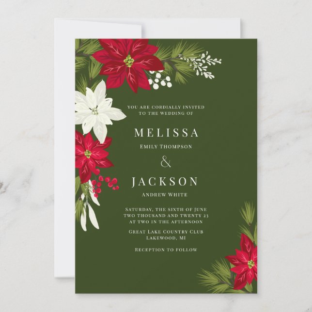Convites Poinsettia Flower e Pine Weding Green (Frente)