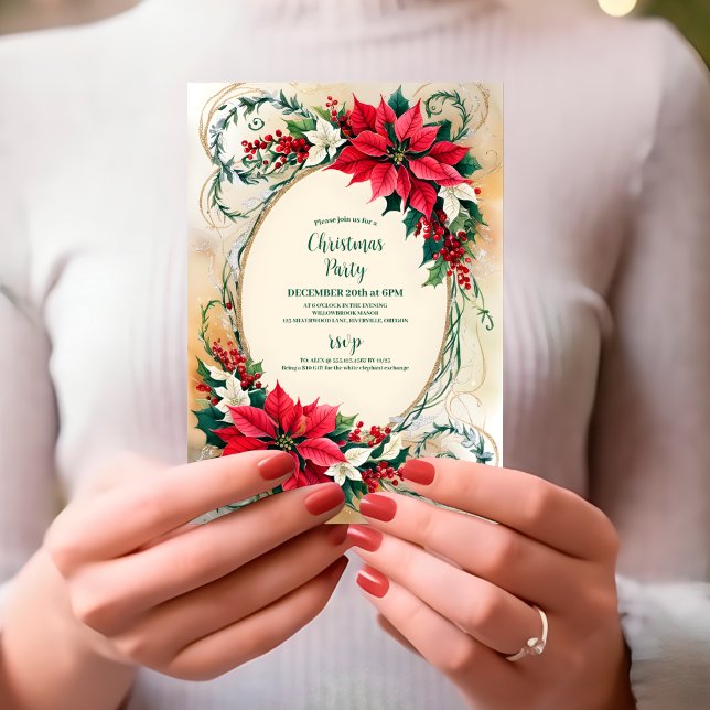 Convites Poinsettia Holly Berries Festa Floral de Natal (Criador carregado)