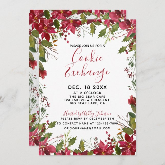 Convites POINSETTIA + HOLLY Watercolor Cookie Exchange (Frente/Verso)
