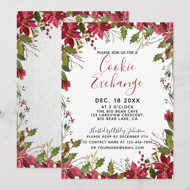 Convites POINSETTIA + HOLLY Watercolor Cookie Exchange (Frente/Verso)