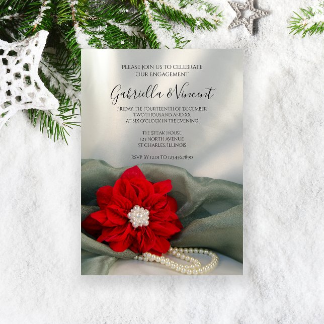 Convites Poinsettia Pearls na Festa de noivado Verde de inv (Celebrate your December winter engagement with the Poinsettia and Pearls Party Invitation.)