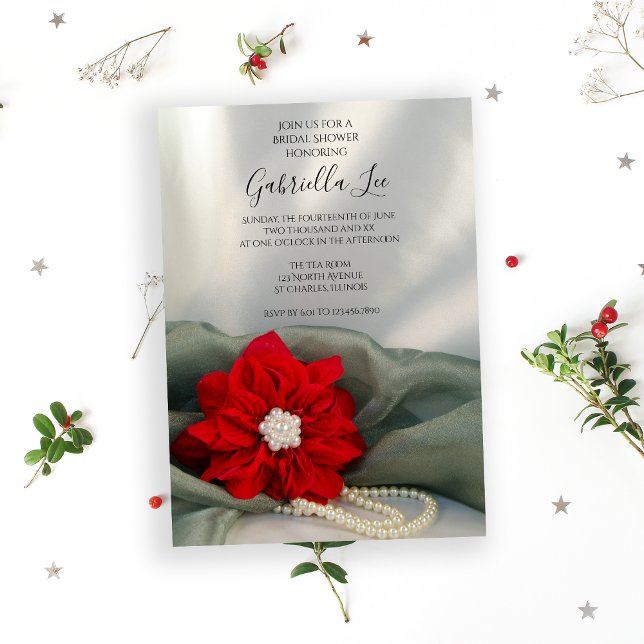 Convites Poinsettia Pearls no Chá de panela Verde de invern (Invite guests to your December event with the Poinsettia and Pearls Winter Bridal Shower Invitation.)