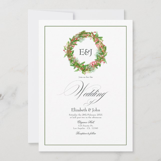 Convites Poinsettia & Pine Charme de Natal de Casamento Cód (Frente)