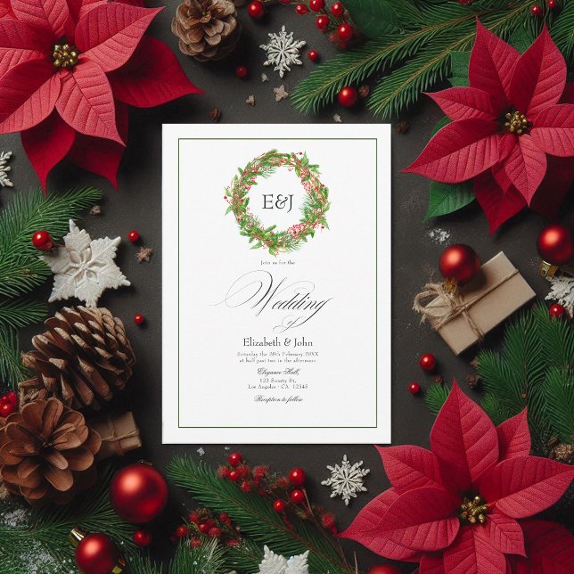 Convites Poinsettia & Pine Código QR de Casamento de Natal (Poinsettia & Pine Christmas Wedding Charm QR Code Invitation)