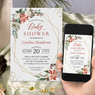 Convites Poinsettia Quadro Dourado Floral Chá de fraldas de