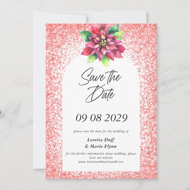 Convites Poinsettia Red Glitter Save the date Invitation (Frente)
