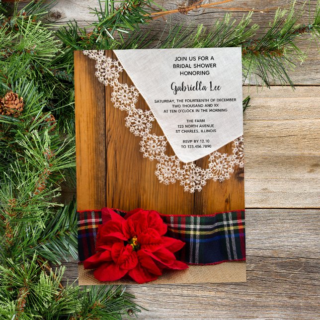Convites Poinsettia russa e Chá de panela de inverno Xadrez (Set a rustic wintery tone for your December barn party bridal shower with this charming invitation.)