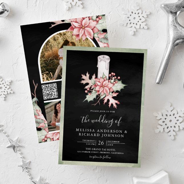 Convites Poinsettia Vela de Natal Código QR Preto Casamento (Criador carregado)