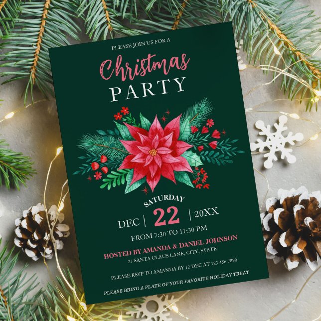 Convites Poinsettia Verde Escuro Elegante Vermelho (Red Watercolor Poinsettia Flowers Christmas Party Invitation)