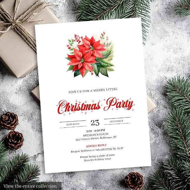 Convites Poinsettia Vermelha da Moda Festa de Natal  (Trendy Red Poinsettia Holiday Party Christmas Invitation)