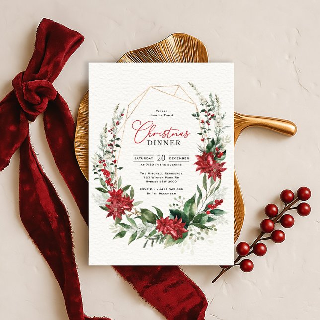 Convites Poinsettia Vermelha Moderna Jantar de Natal com Ve (Criador carregado)