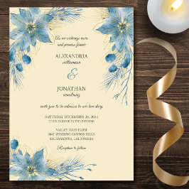 Convites Poinsettias Azuis e Dourados Modernos no Casamento