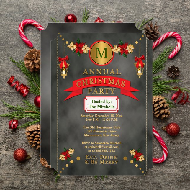 Convites Poinsettias | Festa de Natal do Monograma (Poinsettias Lanterns Monogram Christmas Party Invitation)