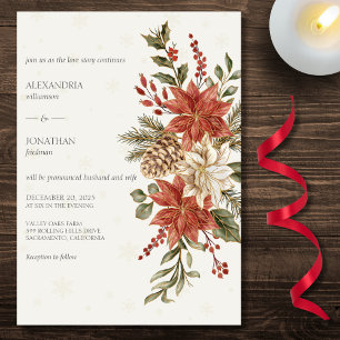 Convites Poinsettias Vermelhas e Marfim na Neve em Casament