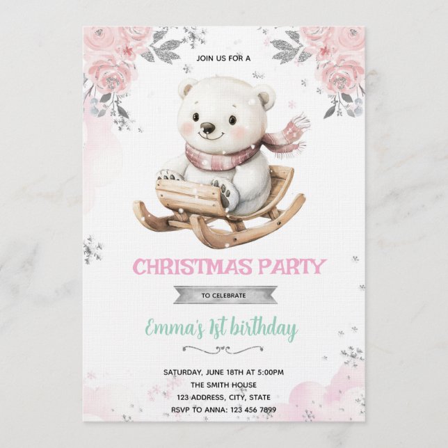 Convites Polar Bear and Snowflakes Invite (Frente)