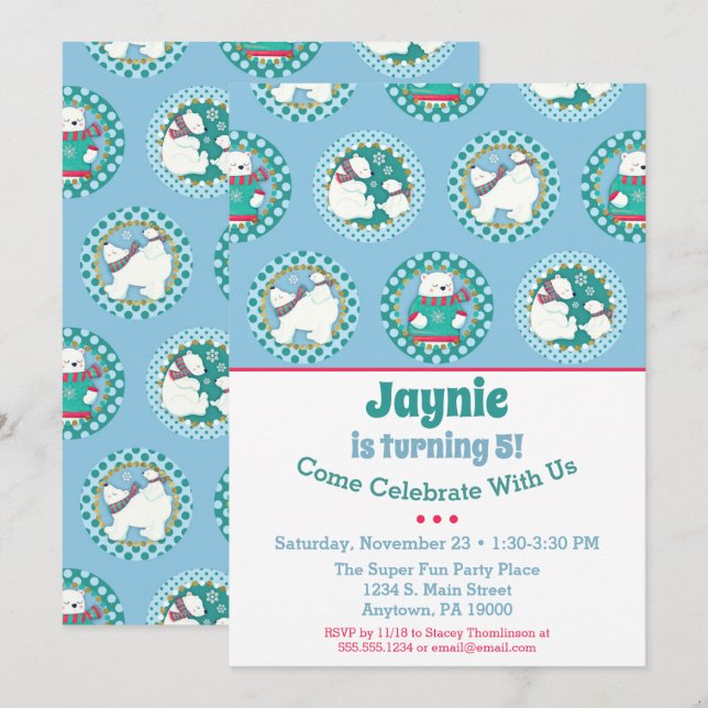 Convites Polar Bear Aniversário Festa de inverno Azul (Frente/Verso)