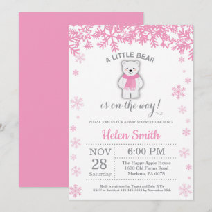 Convites Polar Bear Winter Pink Girl Chá de fraldas Floco