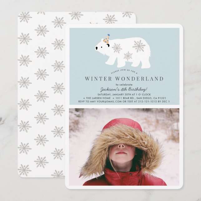 Convites Polar Bear Winter Wonderland Foto Blue Birthday (Frente/Verso)