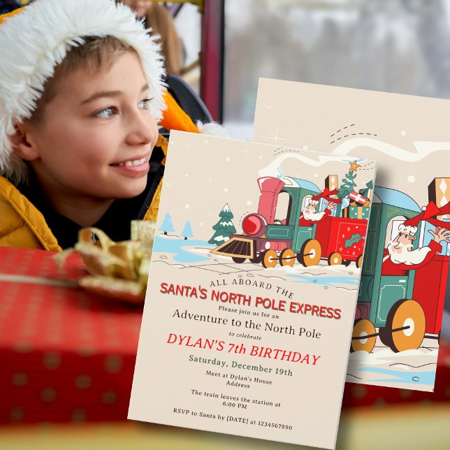 Convites Polar Express Train Kids Birthday Party Adventure (Santa's Polar Express Train Kids Birthday Party North Pole Adventure Sleepover Invitation)