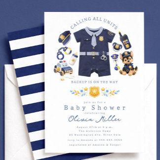 Convites Police Baby Shower Invitation Blue Stripe