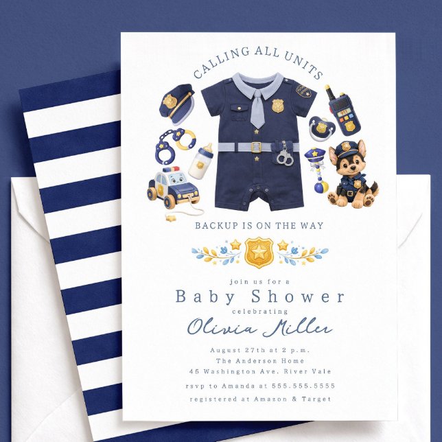 Convites Police Baby Shower Invitation Blue Stripe (Criador carregado)